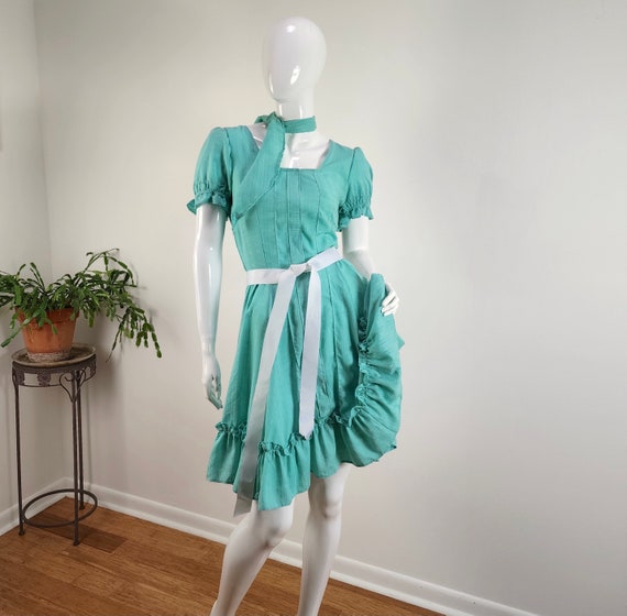 NWT Vintage ROCKMOUNT Ranch Wear Blue Western Dress-Never Worn Ruffled Square Dance Frock w/Belt & Scarf - M