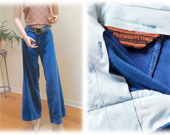 Authentic Vintage '70's PLUSHBOTTOMS Blue Velvet BellBottom Pants  -  1970's Boho Plush Mid Rise Wide Leg Pants - sz SM