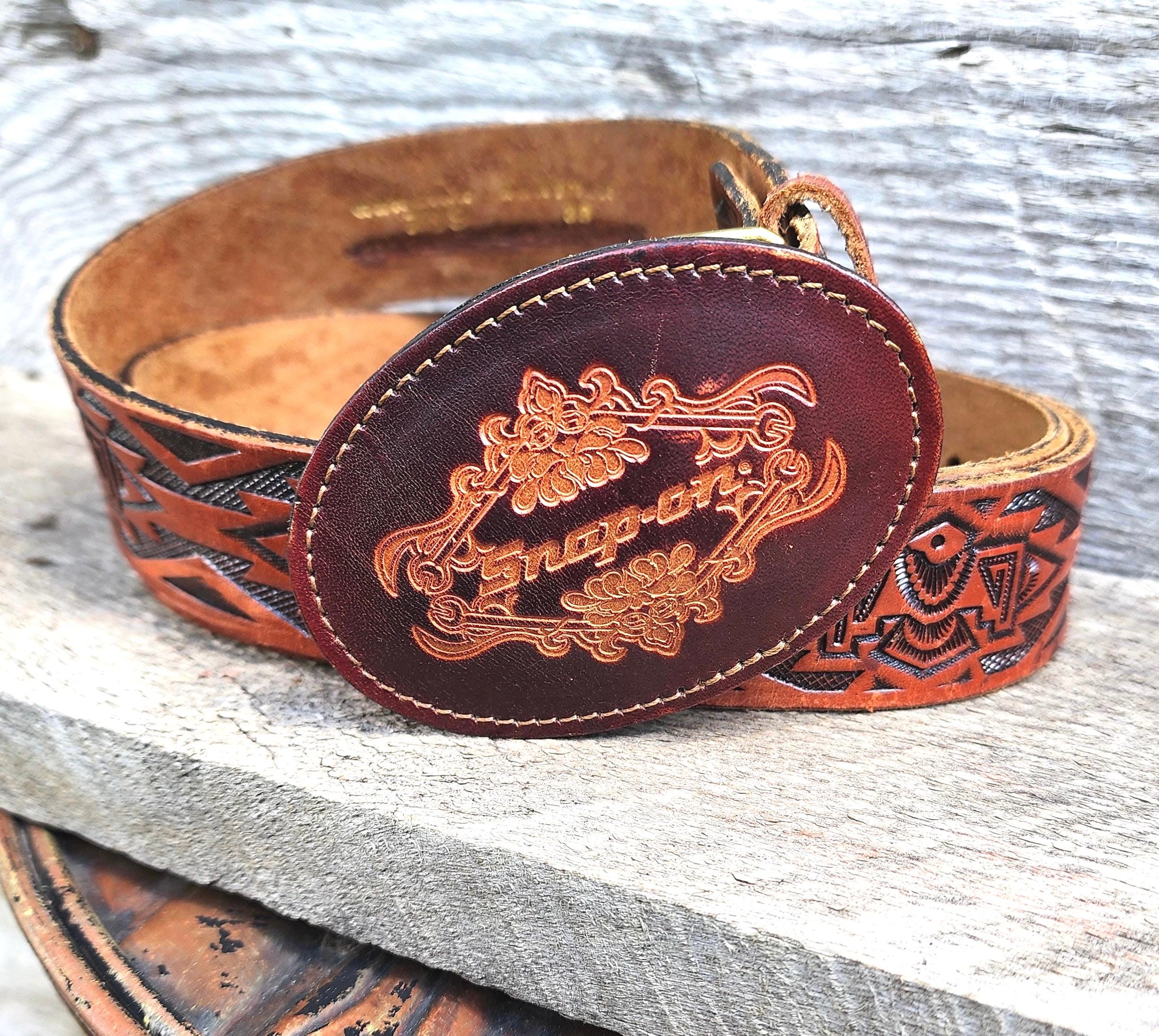 Retro/Vintage Leather belt approx 36 in western carved design metal buckle BEAUDRM Women main image 4