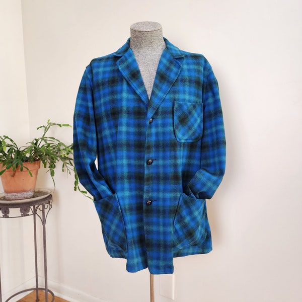 Authentic Vintage 1950's Pendleton Wool  '49ers Jacket - Blue, Green and Black Plaid -Size L