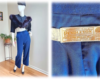 Vintage '60's PENDLETON Wool Cobalt Blue High Rise Pants  -  Fully Lined Peddle Pusher Capris w/Back Zip