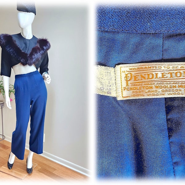 Vintage '60's PENDLETON Wool Cobalt Blue High Rise Pants  -  Fully Lined Peddle Pusher Capris w/Back Zip