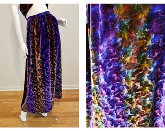 RARE Vintage '70's Purple Psychedelic Crushed Velvet Maxi Skirt & Sash Stunning Purple, Gold and Amber Floor Length Smocked Skirt - sz SM