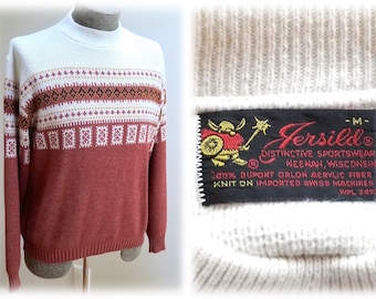 Vintage '70's  1970's "Jersild" Sweater - Retro Nordic-Style Ski Sweater w/Viking Mascot on Label Made in Wisconscin  sz M