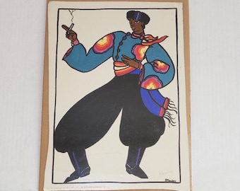 Vintage '30's Art Deco Wall Hanging Signed by A Manders - Vibrant Watercolor(?) Painting with Dancing Figure  17" x 12"