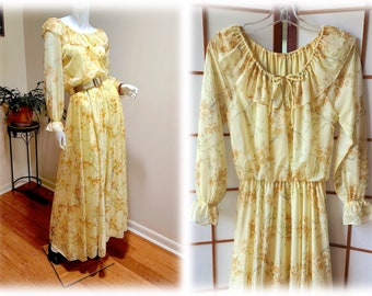 Vintage '70's Boho Yellow Floral Maxi Dress W/Sheer Sleeves & Union Label-Golden Fit and Flare Fully Lined Polyester Gown w/Full Skirt sz M