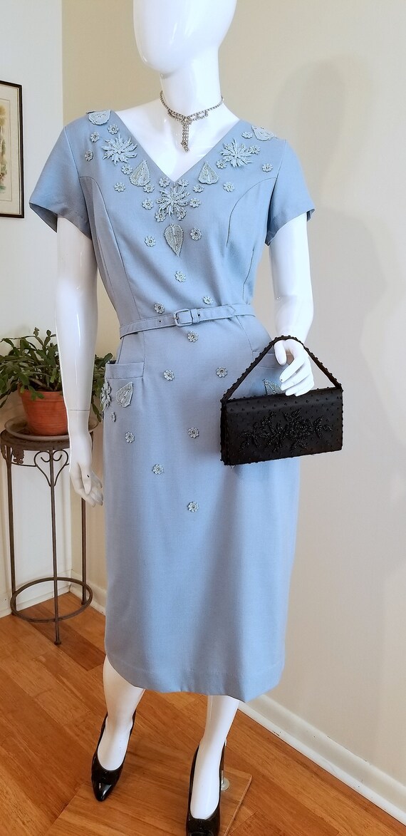 RARE Vintage '50's Sky Blue Linen Sheath Dress w/… - image 2