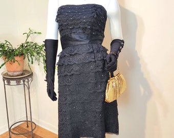 Real Vintage Strapless Tiered Black Lace & Rhinestone Cocktail Dress - Sexy Sleeveless Black Lace Sheath Party Dress