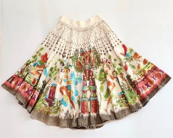 Vintage '50's Hand Painted Circle Skirt w/Aztec Designs & Hand Sewn Sequins Made in Mexico sz 38 - Coquette Cowgirl