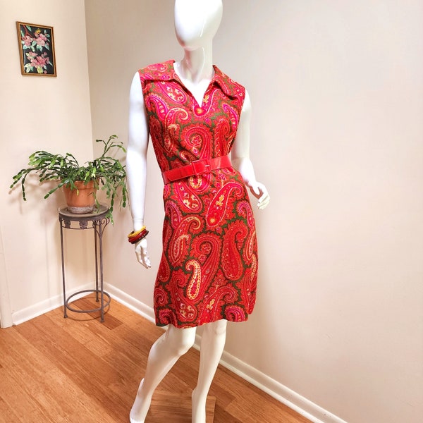 Authentic Vintage '60's-'70's MOD Paisley Sheath Dress - Orange, Red, Yellow, Pink, Purple & Green Paisley Sleeveless Dress - sz L