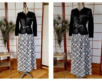 Vintage '80's Gauzy Metallic Maxi Skirt - "Boston Traveler" Black and Metallic Silver Geometric Long Skirt -Boho Glitter Skirt - sz M