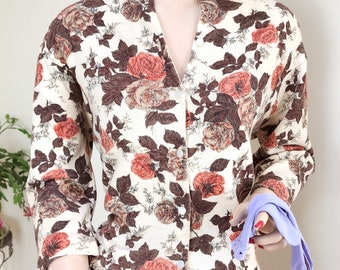 Vintage '50's -'60's JANTZEN Rose Pattern Knit Cardigan Sweater Cropped Sweater w/Pearlized Buttons - L
