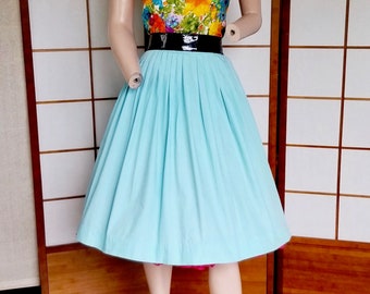 Vintage 1950's Aqua Blue Cotton Pleated Skirt- Mid Century Summer Skirt For Hot Summer Days - Boho, Rockabilly