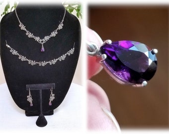 Vintage Sterling Silver Flower  & Amethyst Jewelry Set - Sterling Silver Necklace with Amethyst Pendant, Silver Bracelet, Amethyst Earrings