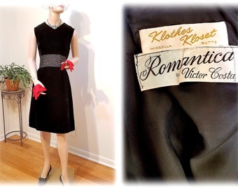 NWT Victor Costa Vintage '60s Black Velvet Cocktail Dress w/Nude Illusion Rhinestone Waist Band - Never Worn Rayon Velvet Holiday Dress sz M