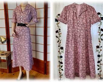 Vintage 1950s Pink & Black 100% Cotton Day Dress-Mid Century Shell Pink Floral Dress SZ M-L