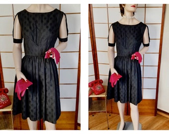 Sexy Vintage 1950's Little Black Dress by Sue Storm Originals - Embroidered Cotton Cocktail Dress w/Cutout Sleeves  sz 4