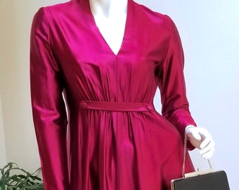 Vintage &#39;70&#39;s Deep Red Satin Ruched Maxi Dress - Perfectly Glamorous Holiday Gown w/Swirling Skirt SZ Medium