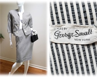 Vintage '60's 2pc "George Small" Sear Sucker Suit  - 'Jackie O' New York Designer Summer Black snd White Striped Suit