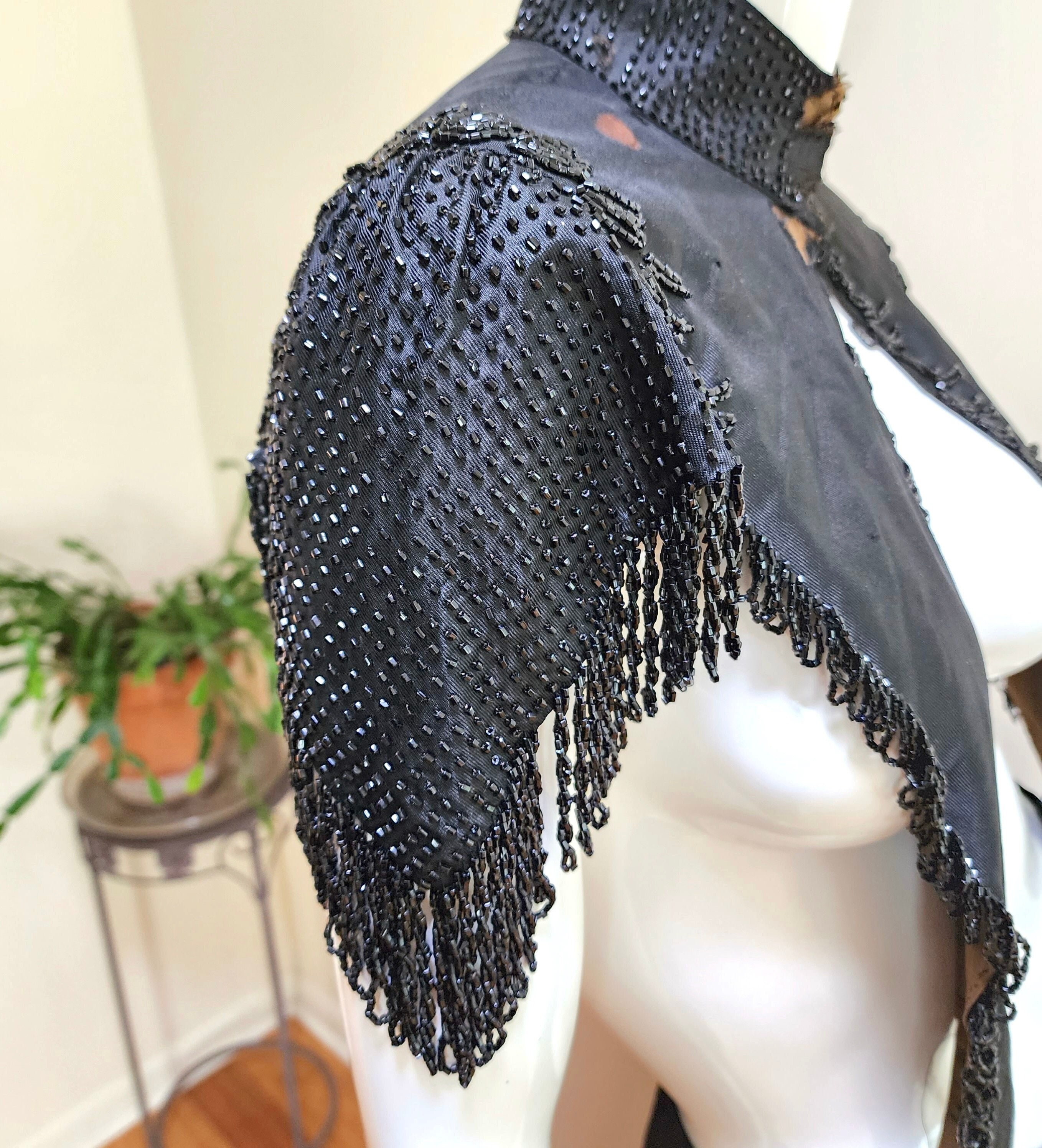 Antique Cape Cloak Black Velvet + Wool C1840 French Textile