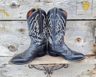 Vintage Tony Lama Black With White Flame Stitch Western