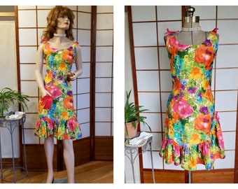 Vintage '50'S-'60'S Bright Sassy Floral Party Sheath Dress - Sexy VA-Voom Cocktail Dress w/Ruffle & Bows- Pink, Purple, Yellow, Orange sz M