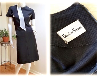 Vintage '60s MOD "Bleeker Street" Black Knit Sheath Dress w/White Faux Pockets & Silver Metallic Look Buttons-