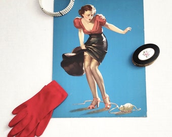 Authentic Vintage '40's - '50's Pin-Up Girl Picture on Poster-Board - Brunette In Red and Black Spooked by Mouse 15" x 11"