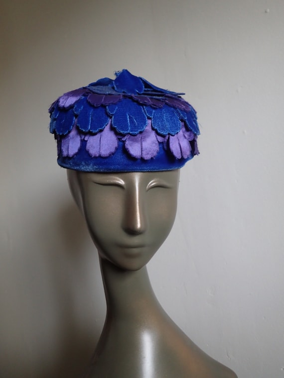 Vintage 1960's Blue Velvet and Purple Satin Pillb… - image 1