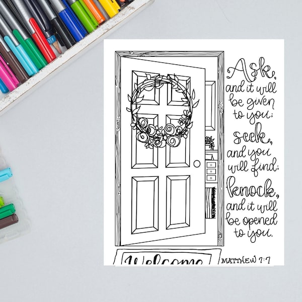 Ask, Seek, Knock, coloring page, Bible verse art, Coloring book art, Scripture Art, Matthew 7:7 art, visual faith art, faith coloring