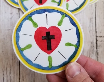 Luther&#39;s Rose - Vinyl Sticker, Christian Sticker, Pastor Appreciation, Jesus Sticker, Faith Sticker, Lutheran Art, 2 sizes