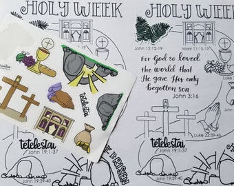 Holy Week Sticker Sheets  with Coloring Page - Palm Sunday, Maundy Thursday, Good Friday, Easter Sunday, Lenten Path - Quantity Discount