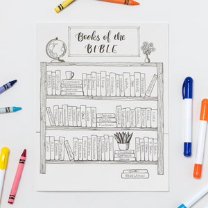 May include: A black and white printable coloring page featuring a bookshelf with the names of the books of the Bible. The title of the page is "Books of the Bible".