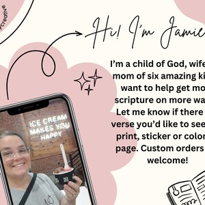 Peut inclure: Graphique rose et blanc avec le texte "Hi! I'm Jamie" et un t&eacute;l&eacute;phone affichant "ICE CREAM MAKES YOU HAPPY". Le texte d&eacute;crit les objectifs du cr&eacute;ateur et les commandes personnalis&eacute;es.