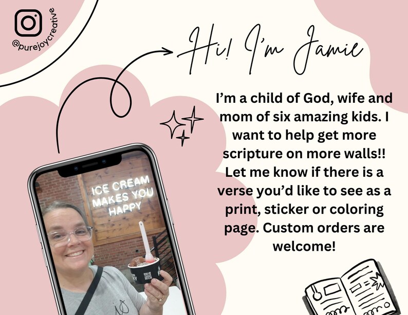 Peut inclure: Graphique rose et blanc avec le texte "Hi! I'm Jamie" et un t&eacute;l&eacute;phone affichant "ICE CREAM MAKES YOU HAPPY". Le texte d&eacute;crit les objectifs du cr&eacute;ateur et les commandes personnalis&eacute;es.