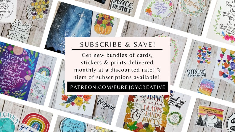 May include: An assortment of colorful cards, stickers, and prints with inspirational quotes and floral designs. The image includes a promotional banner with the text "SUBSCRIBE & SAVE!" and the website address.