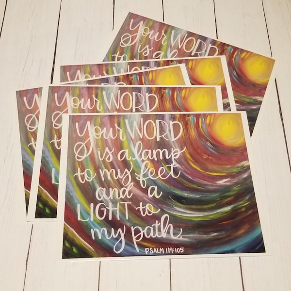 5-pack Your Word is a Lamp to my feet, Psalm 119:105, glossy front postcards, stationary, Scripture art, Bible verse postcards