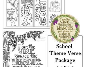 John 15:5 Theme Verse Printable Bundle - I am the vine, you are the branches - Bookmarks, coloring page, full color print