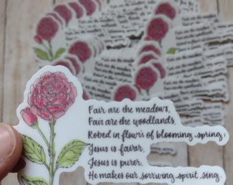 Pegatina de vinilo impermeable con verso de himno floral y rosa del mes de nacimiento de junio