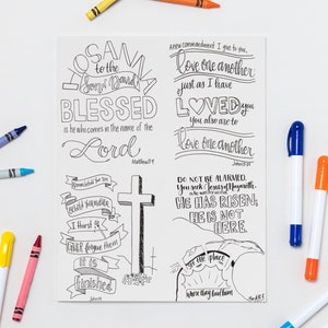 May include: A black and white line art illustration with religious text and a cross. The words "Hosanna to the Son of David" are at the top. Colored markers and crayons surround the illustration.