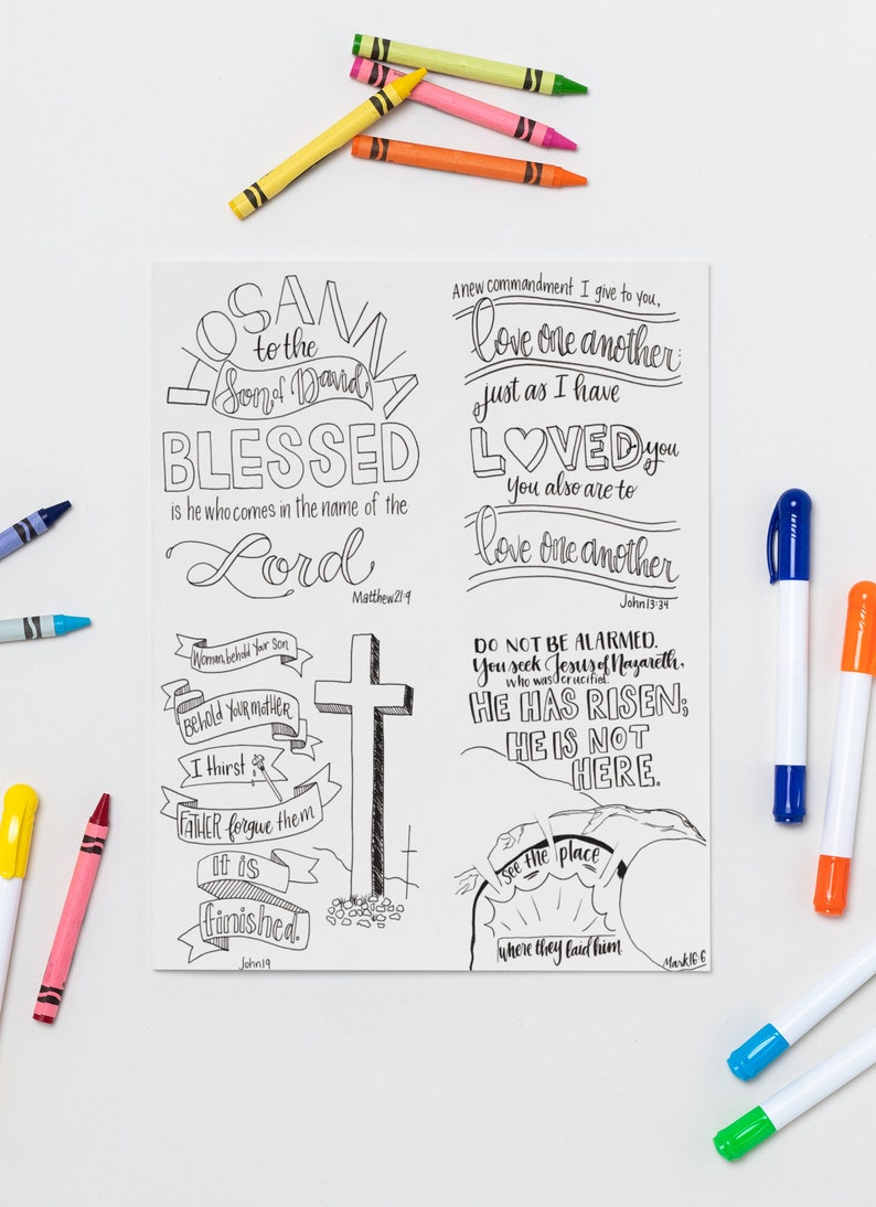 May include: A black and white line art illustration with religious text and a cross. The words "Hosanna to the Son of David" are at the top. Colored markers and crayons surround the illustration.