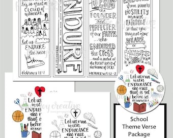 Hebrews 12:1-3 School Theme Verse Printable Bundle Endure Bookmarks Coloring Page Full Color Print Classroom Download
