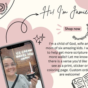 May include: A pink and white graphic with the text "Hi! I'm Jamie" and "Shop now". A phone displays a person holding ice cream. Text reads "ICE CREAM MAKES YOU HAPPY". The Instagram handle @purejoycreative is also displayed.