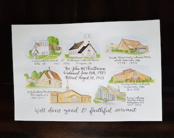 Pintura de iglesia personalizada: regalo original de jubilación en acuarela