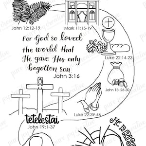 Może przedstawiać: Czarno-biała ilustracja wydarzeń Wielkiego Tygodnia. Ilustracja zawiera obrazy gałęzi palmowych, kielicha, chleba, krzyża, grobu i dłoni w modlitwie. Ilustracja zawiera również następujący tekst: "HOLY WEEK", "Jan 12:12-19", "Marek 11:15-19", "Albowiem tak Bóg umiłował świat, że Syna swego Jednorodzonego dał", "Jan 3:16", "Łukasz 22:14-23", "Jan 13: 26-30", "Łukasz 22:39-46", "tetelestai", "Jan 19:1-37", "Jan 19:39-40", "Jan 20:1-18", "ZMARTWYCHWSTAŁ".