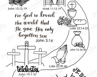 Holy Week Coloring Page, Lenten Path, Palm Sunday, Holy Monday, Maundy Thursday, Good Friday, Saturday, Easter Sunday, Scripture references