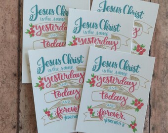 Postales con versículos bíblicos en acuarela: Jesucristo es el mismo ayer, hoy y siempre, versículo bíblico (paquete de 5)