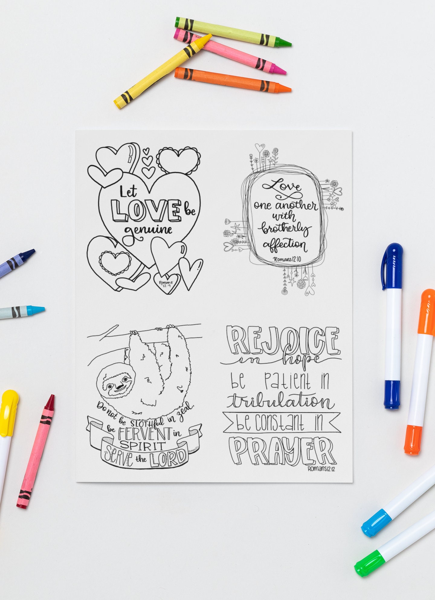 Romans 12:9-12 Love Coloring Postcard Valentines - Instant Download PDF, classroom valentines, print and color, Scripture cards