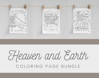 Puede incluir: Un conjunto de tres páginas para colorear en blanco y negro con un tema religioso. Las páginas presentan ilustraciones de un planeta, estrellas y texto de la Biblia. El texto en las páginas dice: "En el principio creó Dios los cielos y la tierra", "Él determina el número de las estrellas" y "Los cielos declaran la gloria de Dios".