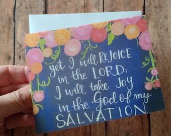 Alégrate en el Dios de mi salvación Habacuc 3:18 Versículo bíblico Tarjeta de felicitación Regalo cristiano